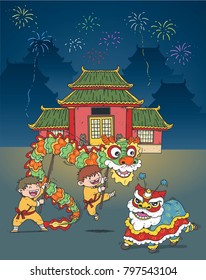dragon dance and chinese new year illustration vector