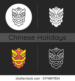 Dragon dance dark theme icon. Chinese new year. Spring festival. Rhythmic movement. Expressing gratitude to dragon. Linear white, simple glyph and RGB color styles. Isolated vector illustrations