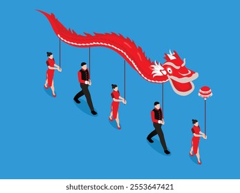 Dragon Dance Performance in Traditional Chinese Attire 3d isometric vector illustration