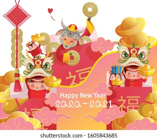 Dragon dance team giving angpao. Zodiac for animal lucks for 2021-2020 yearof the ox and rat. Cute and very rich greeting card. Chinese New Year. Red envelope. Translation: happy.