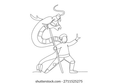Bailes de dragón. Concepto de danzas de león y dragón dibujo de una línea