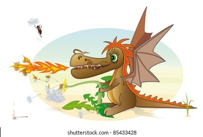 Dragon and dandelion. Dragon blowing on a dandelion.