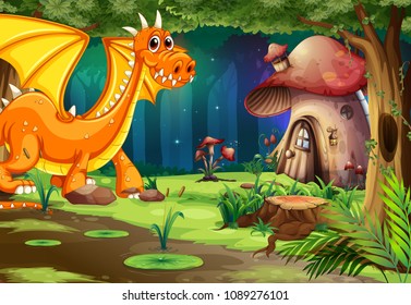 Dragon in Dark Forest and Mushroom House illustration