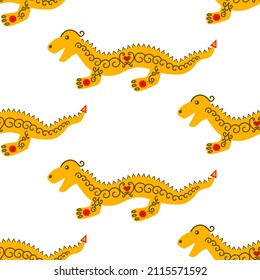 A dragon decorated with an ornament. Seamless background with dragons.