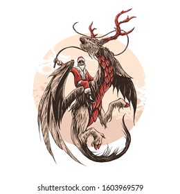 Dragon deer santa claus illustration