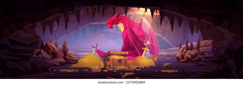 Dragon defense and guard treasure in cave. Cartoon landscape of dungeon with fantastic animal near coins and jewelry. Fairytale fantasy creature with wings defend pile of gold and diamonds underground