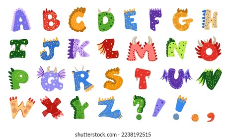 Dragon or dino alphabet. Set of cute hand drawn letters in bright colors with texture dragon effects. Children Vector illustration for cards, posters, birthday party events,  kids and nursery design