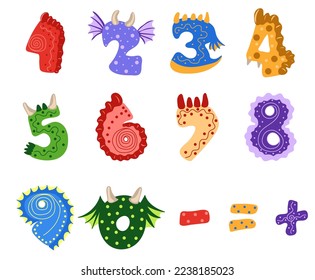 Dragon or dino numbers. Children Vector illustration for t-shirts, cards, posters, birthday party events, paper design, kids and nursery design