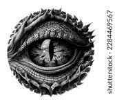 Dragon or dinosaur monster eye tattoo, sketch, tshirt print. Vector monochrome reptile eyeball and spiky skin. Realistic sketch of black and white fantasy creature pupil. Mythical animal eye drawing