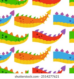 Dragon and dinosaur tails costumes vector cartoon seamless pattern background.