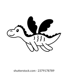 Dragon doodle illustration. Happy flying fairy tale creature. Vector black line art