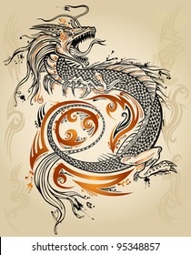 Dragon Doodle Sketch Tattoo Icon Tribal grunge Vector Illustration Art