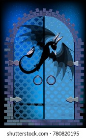 dragon and doors. dragon guards gates vector illustration