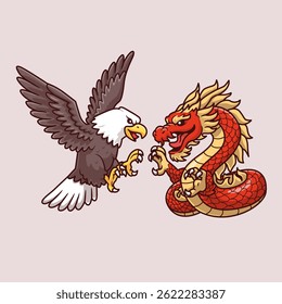 Dragon And Eagle Fighting Cartoon Vector Icon Illustration. Animal Nature Icon Concept Isolated Premium Vector. Flat Cartoon Style