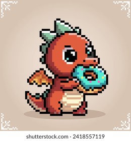 Dragon is eating a donut in 8 bit pixel art. Fantasy animals in vector illustration.