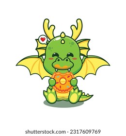 dragon eating donut cartoon vector illustration.