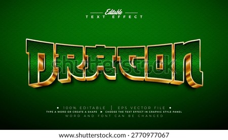 Dragon Editable Text Effect Design Vector Graphic Style with Traditional Chinese Pattern and Gold Frame Typography Lettering on Green Background. Premium Scalable Fantasy Illustration Mockup Template for Greeting Card, Flyer, Banner, Poster or Party Invitation