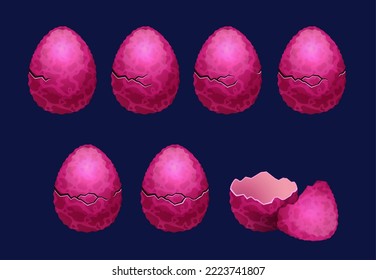 Animación del huevo de dragón. Los elementos de fantasía mágica de dibujos animados rompen los activos de juego de la interfaz de usuario de la shell, dino baby eggshell gráfico gráfico de la interfaz gráfica de usuario. Conjunto de vectores. Elementos de forma ovalados coloridos, eclosión animal