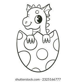 Dragón en el libro de colorear huevos para niños. Colorido de la página. Ilustración monocroma en blanco y negro. Ilustración de niños vectores