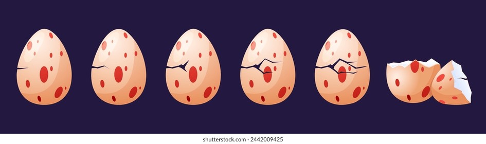 Dragon egg cracked step by step process. Cartoon magic reptile born. Fairytale character, dinosaur eggshell broken or baby hatching. Nowaday vector scene