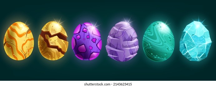 Dragon egg game icon set, vector cartoon magic dino stone kit, UI alien space rock, fairy easter collection. Ice crystal glossy dinosaur sphere, green cracked marble ball. Fantastic dragon egg