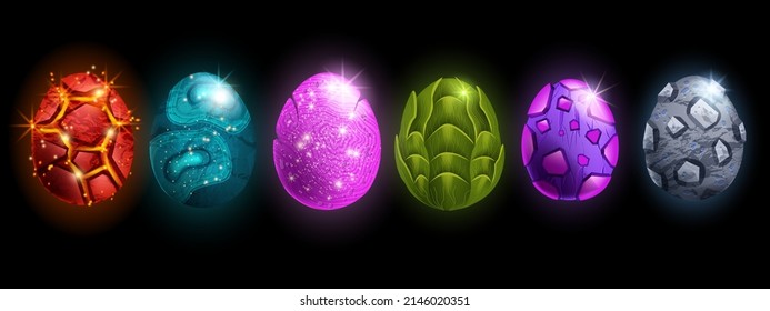 Dragon egg game icon set, UI alien space rock, vector cartoon magic dino stone kit, fairy easter collection. Purple glitter marble ball, fire lava glossy dinosaur sphere. Fantastic dragon egg