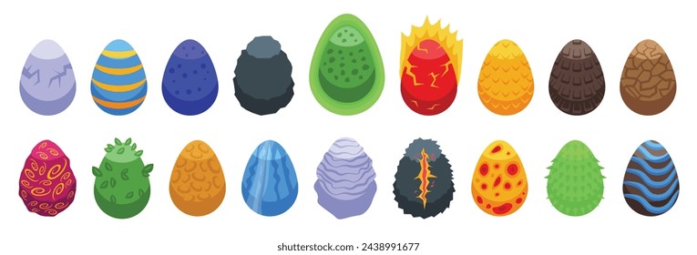 Dragon egg icons set isometric vector. Dinosaur cracks. Reptile shell energy