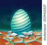 Dragon egg with smooth spiral ridges, glowing in a cracked rocky terrain. Vector cartoon illustration