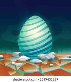 Dragon egg with smooth spiral ridges, glowing in a cracked rocky terrain. Vector cartoon illustration