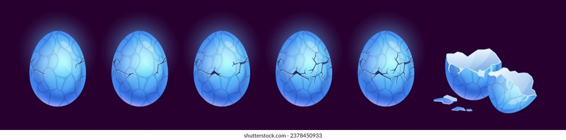 Dragon eggs animation. Whole and broken egg shell, reptile baby birth from crack eggshell, dinosaur dragon hatching sequence steps game easter monster ingenious vector illustration of egg animation