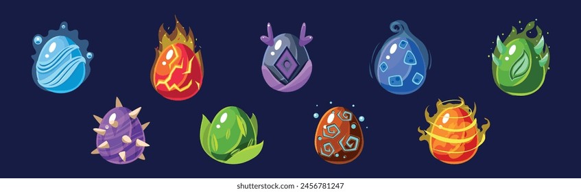 Dragon Eggs with Colorful Glowing Shell Vector Set