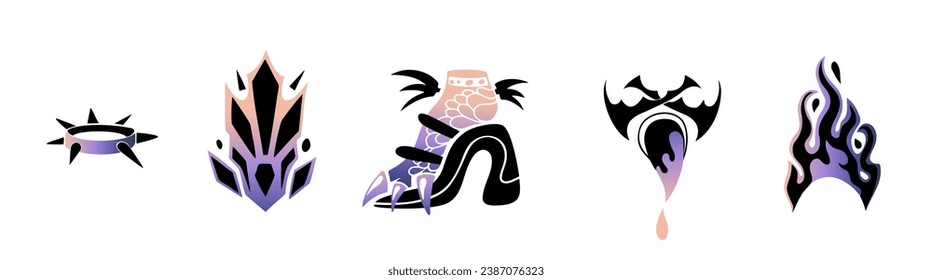 Dragon element black isolated on white. Claw, foot and heels. Funny sticker gradient. Hand drawn mythology fantasy. New year web icon. Decoration fire and collar. Precious stones