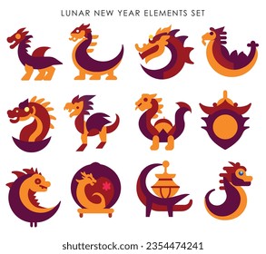 Dragon elements illustration lunar new year 2024. Chinese new year oriental dragon symbol. Icon dragon element vector design.