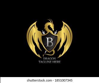 Dragon Emblem With Gold Shield and B Letter Design Logo Template.