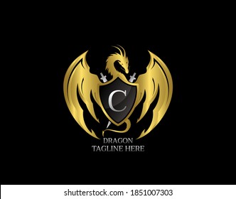 Dragon Emblem With Gold Shield and C Letter Design Logo Template.