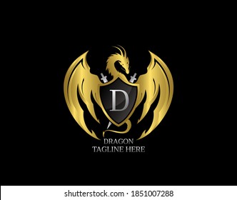 Dragon Emblem With Gold Shield and D Letter Design Logo Template.