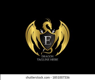 Dragon Emblem With Gold Shield and E Letter Design Logo Template.