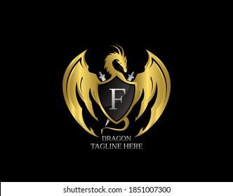 Dragon Emblem With Gold Shield and F Letter Design Logo Template.