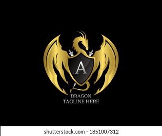 Dragon Emblem With Gold Shield and A Letter Design Logo Template.