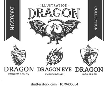 Dragon emblem, illustration, logotype, print design collection on a white background.	