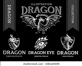 Dragon emblem, illustration, logotype, print design collection on a black background.	