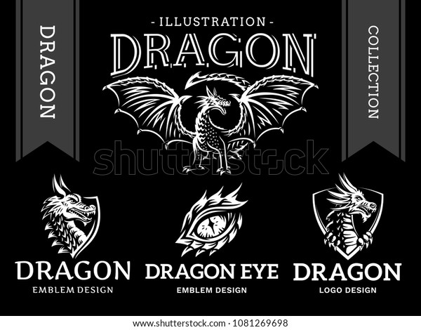 黒い背景にドラゴンのエンブレム イラスト ロゴ デザインコレクションを印刷 のベクター画像素材 ロイヤリティフリー