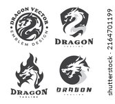 Dragon emblem logo set. Dragon head, circle, shield and fire or flame vector icon collection