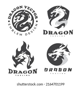 Dragon emblem logo set. Dragon head, circle, shield and fire or flame vector icon collection