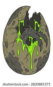 Dragon emerging from broken egg, glowing green slime dripping, fantasy creature art.