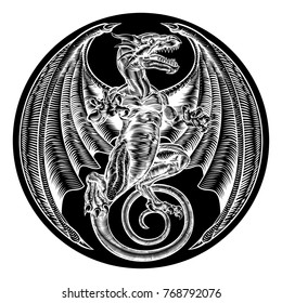 A dragon in an engraved etching woodcut style in circle shape