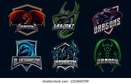 Dragon E-sport Logo Design Bundle Set , symbol, icon collection vector illustration gaming team