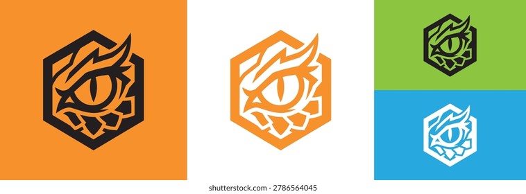 Dragon eye within hexagon, mystical creature, fierce gaze, fantasy element, symbol of wisdom and power, guardian, vigilant, protective, magical, folklore, creative art, graphic design, modern, stylized, unique, vector illustration.