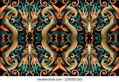 Dragon fabric seamless pattern. Abstract fabric textile line graphic antique style. Ethnic dragon vector ornate elegant luxury vintage retro design. Art print dragon for clothing background wallpaper svg