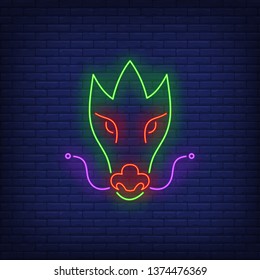 Dragon face neon sign. Mythology, Chinese culture design. Night bright neon sign, colorful billboard, light banner. Vector illustration in neon style.
